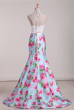 Two Pieces Halter Mermaid Floral Prom Dresses Sweep