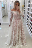 Off The Shoulder Long Sleeves Lace A Line With Beads And Sash Prom