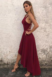 Unique A Line Burgundy High Low Sleeveless Backless Prom Dresses, Cheap Evening Dresses STA15450