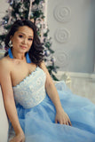 Charming Strapless Long Lace Tulle Light Blue Elegant Prom