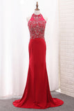 High Neck Spandex Prom Dresses Mermaid With Beading Sweep