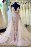 Spaghetti Straps Deep V Neck Tulle Prom Dress With Lace Appliques Bridal STAP2GZX4N7
