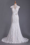 V Neck Wedding Dress Open Back Mermaid/Trumpet With Lace Skirt And