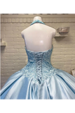 Halter Neckline Rhinestone And Crystal Beaded Quinceañera Dress Satin Ball Gown Prom