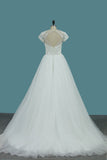 Tulle A Line Scoop Short Sleeve Wedding Dresses With Applique And Beads