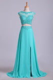 Two Pieces Bateau Backless Prom Dresses A Line Chiffon Sweep Train With