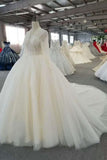 Ball Gown Wedding Dresses High Neck Long Sleeves Royal Train Tulle