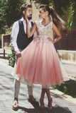 V Neck A Line Prom Dresses Tulle With Applique And Handmade