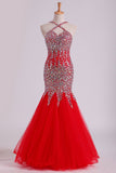 Red Spaghetti Straps Dark Royal Blue Prom Dresses Mermaid Tulle Beaded Bodice Floor