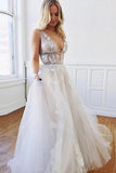 A Line Deep V-Neck Backless White Tulle Prom Dress With Appliques, Evening Dresses STA14997