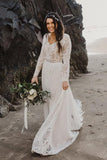 Charming A Line Long Sleeves V Neck Lace Ivory Beach Wedding Dresses, Bridal STA20395