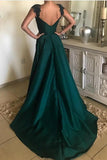 Elegant Beaded Peacock Green V Neck Long Satin Open Back Prom Dresses