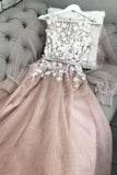 A Line Bateau Long Sleeves Floor Length Prom Dress With Appliques, Charming Formal