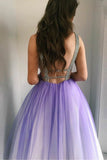Pretty Omber Tulle Long V-Neck Purple Prom Dresses Flowy Party