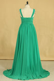 V Neck A Line Plus Size Prom Dresses Chiffon Sweep Train With Ruffles &