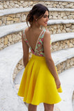 Yellow Floral Satin Illusion Back Daffodil V Neck Homecoming Dresses Short Cocktail Dresses STA14985