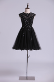 Scoop Prom Dress A Line Tulle Skirt Embellished Bodice With Beads & Applique Cap Sleeve