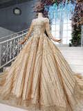 Long Sleeve Ball Gown Beads Lace Appliques Prom Dresses Sequins Quinceanera Dresses STA15241