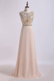 Prom Dress Scoop A Line Beaded Tulle Bodice With Chiffon Skirt