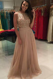Tulle Prom Dresses A Line Scoop Beaded Bodice