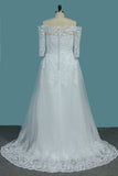 Tulle A Line Boat Neck 3/4 Length Sleeves Wedding Dresses