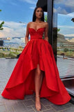 Elegant A Line Red Strapless High Low Prom Dresses with Pockets, Long Party Dresses STA15148