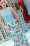 Elegant Mermaid Halter Two Pieces Blue Floral Prom Dresses, Beads Evening Dresses STA15178