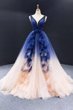 Ball Gown Ombre V Neck Tulle Royal Blue Long Prom Dresses, Quinceanera Dresses STA15067