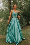 Simple A Line Two Pieces V Neck Satin Prom Dresses Cheap Formal STAPQ87T2TL