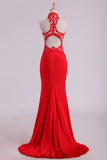 Red High Neck Open Back Prom Dresses With Applique Sweep Train