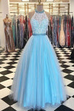 Halter Lace Bodice A Line Long Tulle Prom Dresses Evening