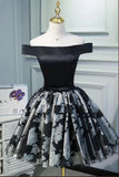 Black Satin Off the Shoulder Cute Homecoming Dresses Short Prom Dress Hoco Gowns STA14967