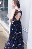Gorgeous A Line Bateau Blue Floral Tulle Long Prom Dresses, Cheap Formal Dresses STA15234