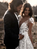 A Line Ivory V Neck Country Wedding Dresses with Appliques, Beach Wedding Gowns STA15548