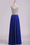 V Neck Beaded Bodice A Line Prom Dresses Chiffon With Slit Sweep