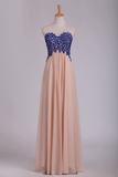 A Line Sweetheart Open Back Prom Dresses Chiffon With Applique Floor Length
