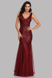 Sexy Burgundy Tulle V Neck Mermaid Sequin Prom Dresses, Evening Party Dresses STA15332