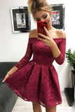 Cute Off the Shoulder Long Sleeves Burgundy Lace Homecoming Dresses Sweet 16 Dresses STA14972