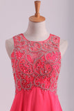 Water Melon Prom Dresses Scoop A Line Beaded Bodice Open Back Chiffon & Tulle