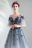 A Line Half Sleeves Tulle Long Ombre Prom Dress with Appliques Blue Evening Dresses STA15001