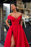Off the Shoulder Red Satin V Neck Long Prom Dresses, High Slit Party Dresses with Pockets STA15271