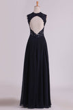 Straps Prom Dresses With Applique And Beads Open Back A Line