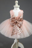 Cute Lace Pink V Back Flower Girl Dress with Bowknot, Round Neck Child Dresses STA15574