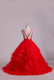 Red Scoop Ball Gown Tulle Floor Length With