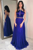 Beautiful Halter Open Back Royal Blue Long A-Line Simple Prom