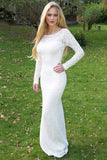 Elegant Long Sleeves Sheath Open Back Ivory Lace Long Prom