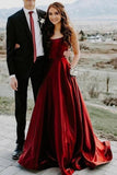 Elegant A Line Red Spaghetti Straps Satin Prom Dresses with Pockets, Evening STA20410