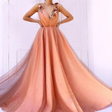 Charming Orange 3D Flowers Long Prom Dresses V-neck Tulle Cheap Evening Dresses STA15120