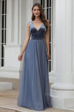 A-Line V-Neck Sleeveless Blue Floor-length Evening Dress Cheap Prom Dresses STA15055