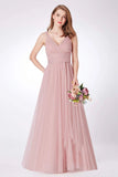 Simple A Line Pink V Neck Tulle Sleeveless Prom Dresses Long Bridesmaid Dresses STA15383